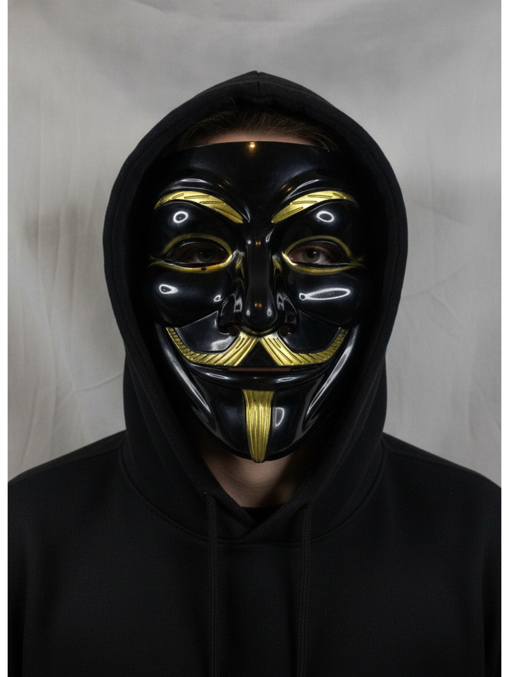 Black Guy Fawkes Style Mask With Gold Accents